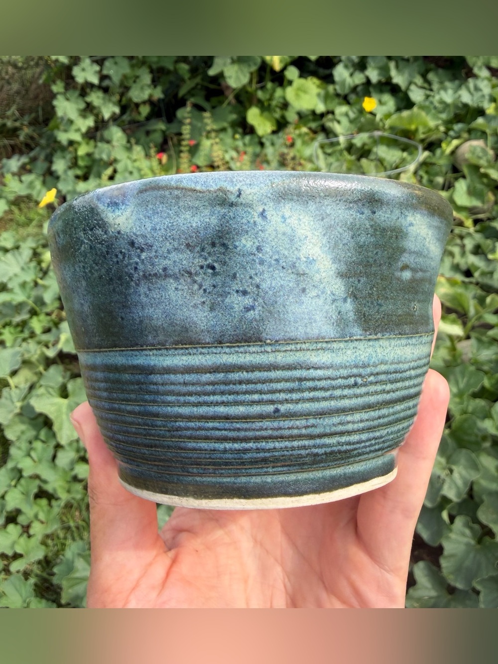 Vintage Handmade Ceramic Pottery Planter Blue Green Glaze Small 4” Wide Signed